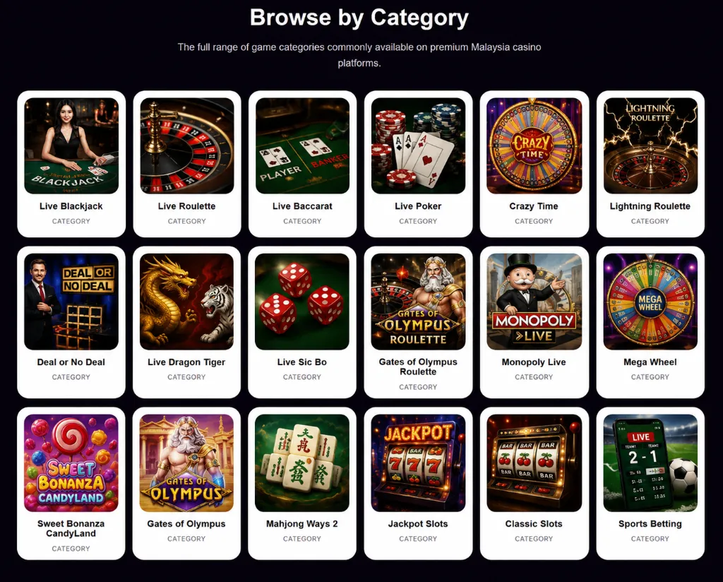 Illustrated gallery of 18 Malaysia casino game categories including live casino, slots and sports betting
